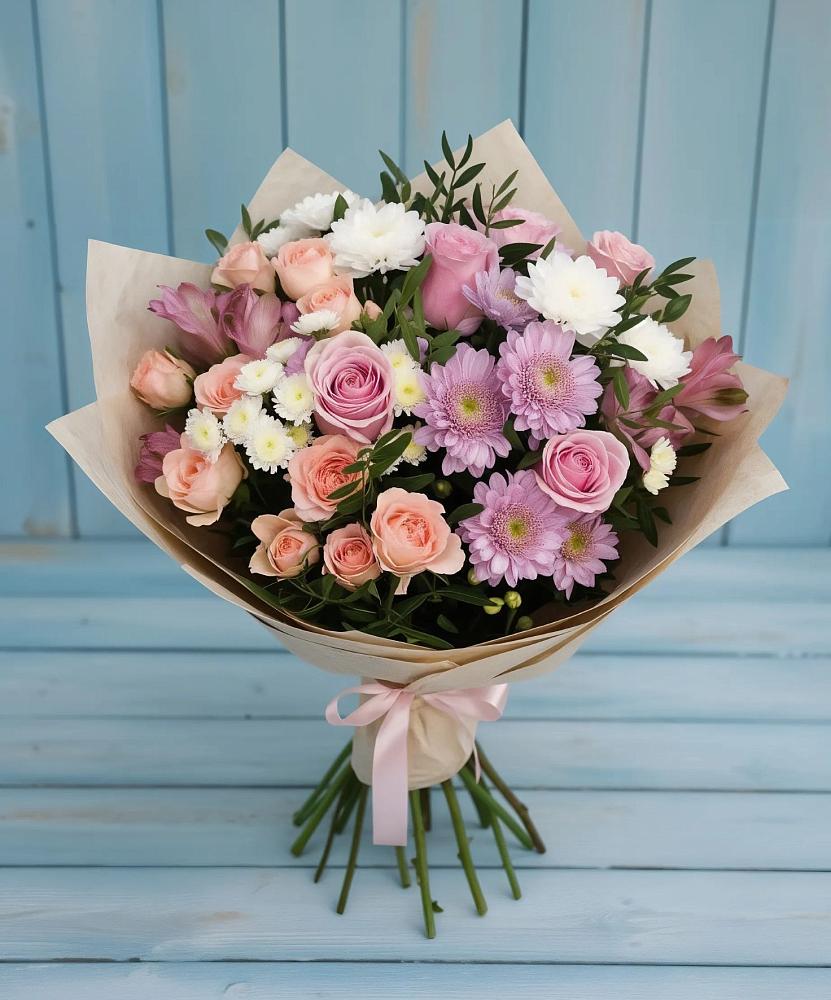 Букет цветов из: Хризантемы, Розы и Альстромерии в Дубовской