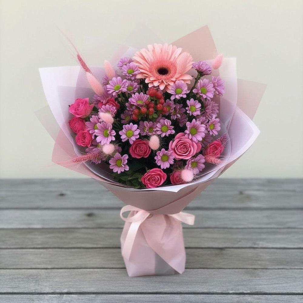 Букет цветов из: Розы, Герберы и Хризантемы в Дубовской