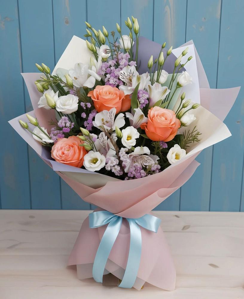 Букет цветов из: Лизиантусы, Розы, Альстромерии и Гипсофила в Дубовской
