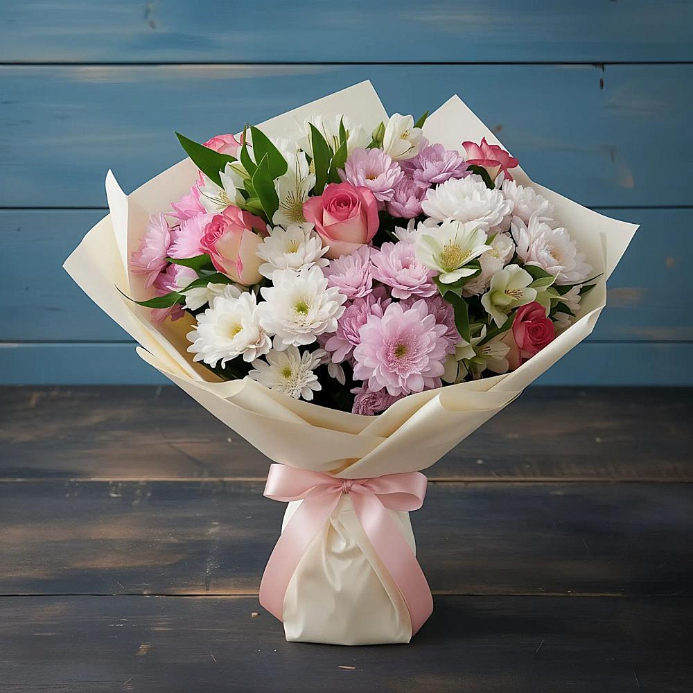 Букет цветов из: Хризантемы, Альстромерии и Розы в Дубовской